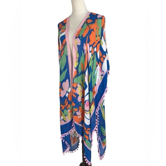 Shiraleah Multicolor Floral Boho Gypsy Pom Pom Cover Up Duster O/S - Picture 2 of 5